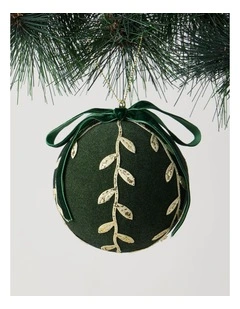 Harvest Christmas Plastic Flocked Bauble withLeaves 10cm in Green