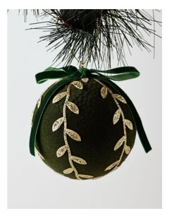 Harvest Christmas Plastic Flocked Bauble withLeaves 10cm in Green