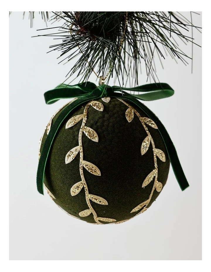 Harvest Christmas Plastic Flocked Bauble withLeaves 10cm in Green image 1