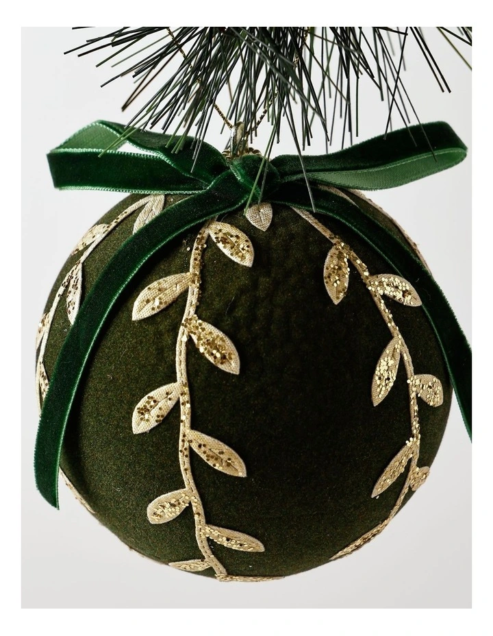 Harvest Christmas Plastic Flocked Bauble withLeaves 10cm in Green image 2