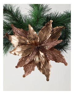 Harvest Christmas Fabric Glittered Poinsettia Clip 25cm in Brown