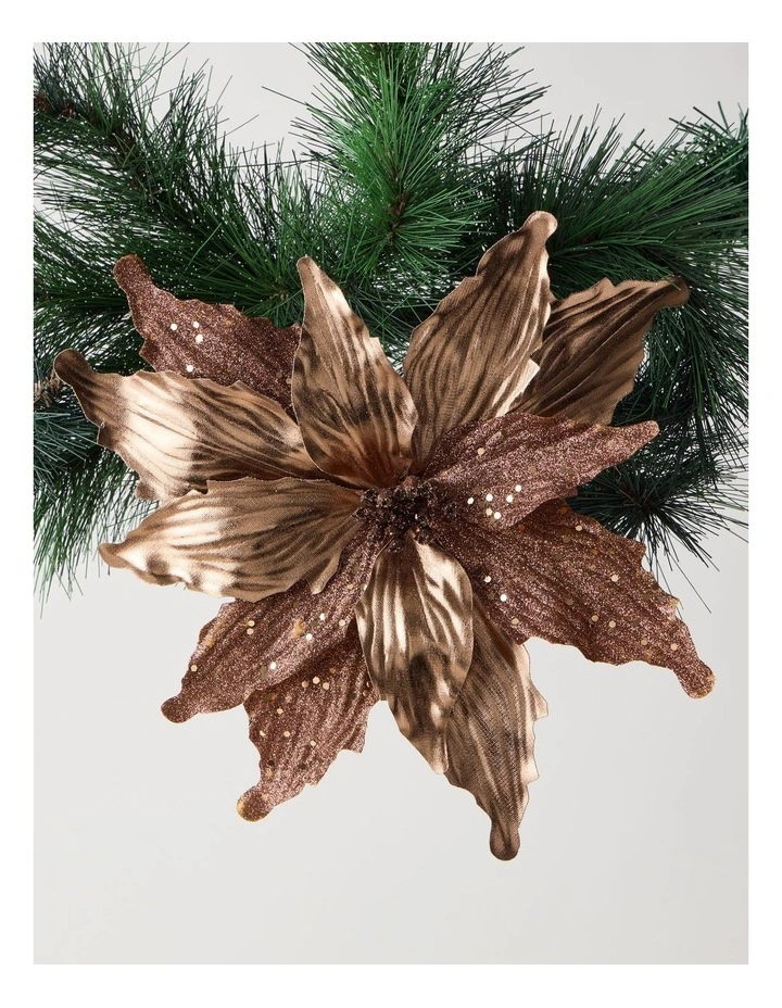 Harvest Christmas Fabric Glittered Poinsettia Clip 25cm in Brown image 1
