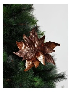 Harvest Christmas Fabric Glittered Poinsettia Clip 25cm in Brown