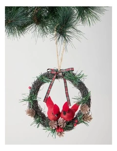 Heirloom Christmas Cardinals on Mini Wreath Ornament 16cm in Red/Green