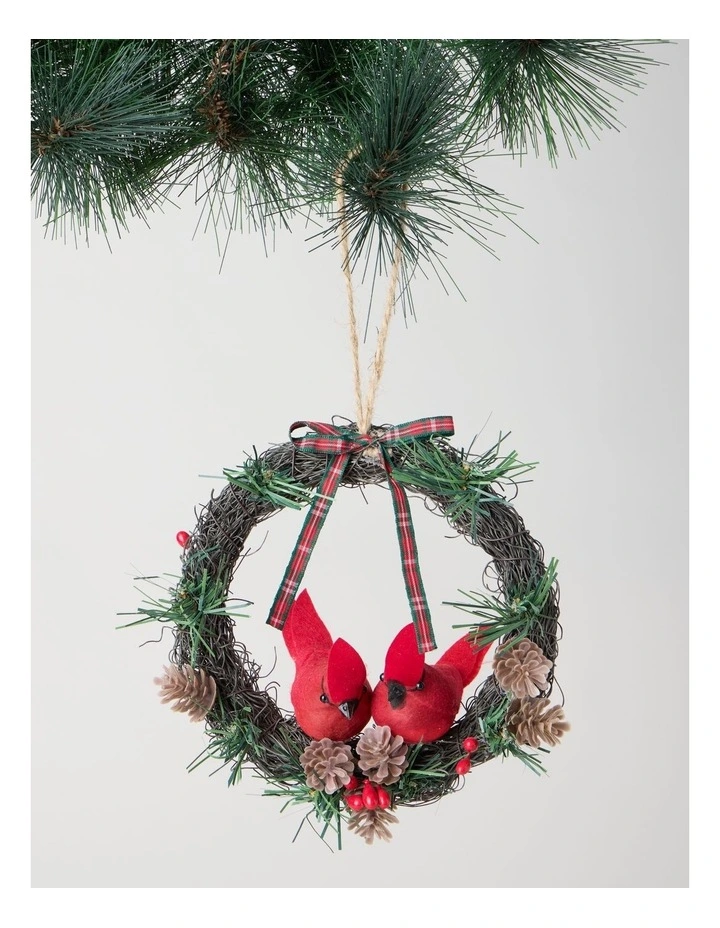 Heirloom Christmas Cardinals on Mini Wreath Ornament 16cm in Red/Green image 1