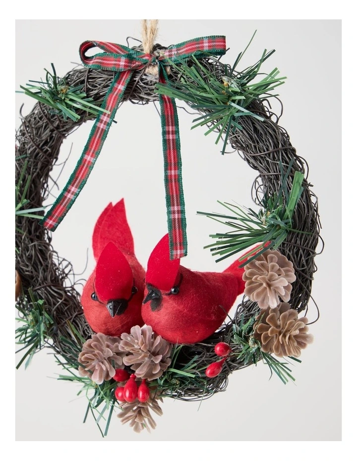 Heirloom Christmas Cardinals on Mini Wreath Ornament 16cm in Red/Green image 2