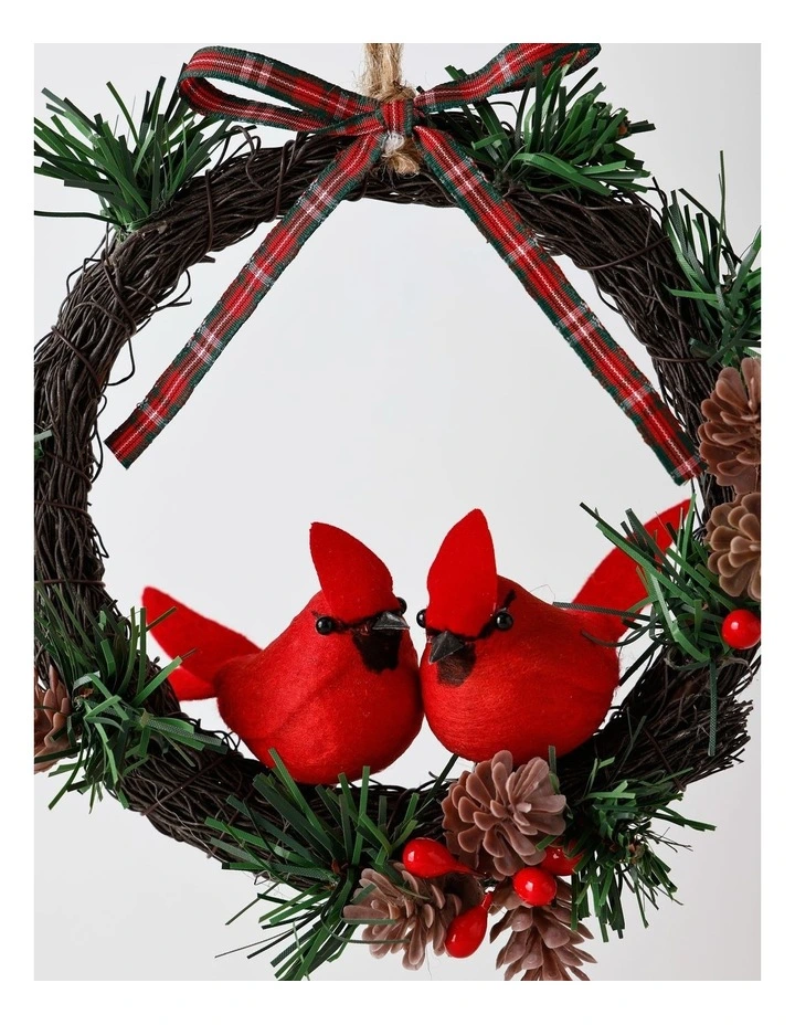 Heirloom Christmas Cardinals on Mini Wreath Ornament 16cm in Red/Green image 2