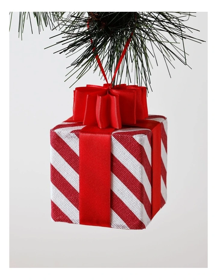 Heirloom Christmas Fabric Striped Gift Box with Bow Ornament 9cm in Red/White image 1