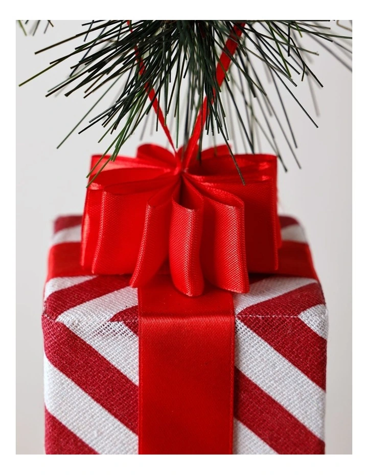 Heirloom Christmas Fabric Striped Gift Box with Bow Ornament 9cm in Red/White image 2