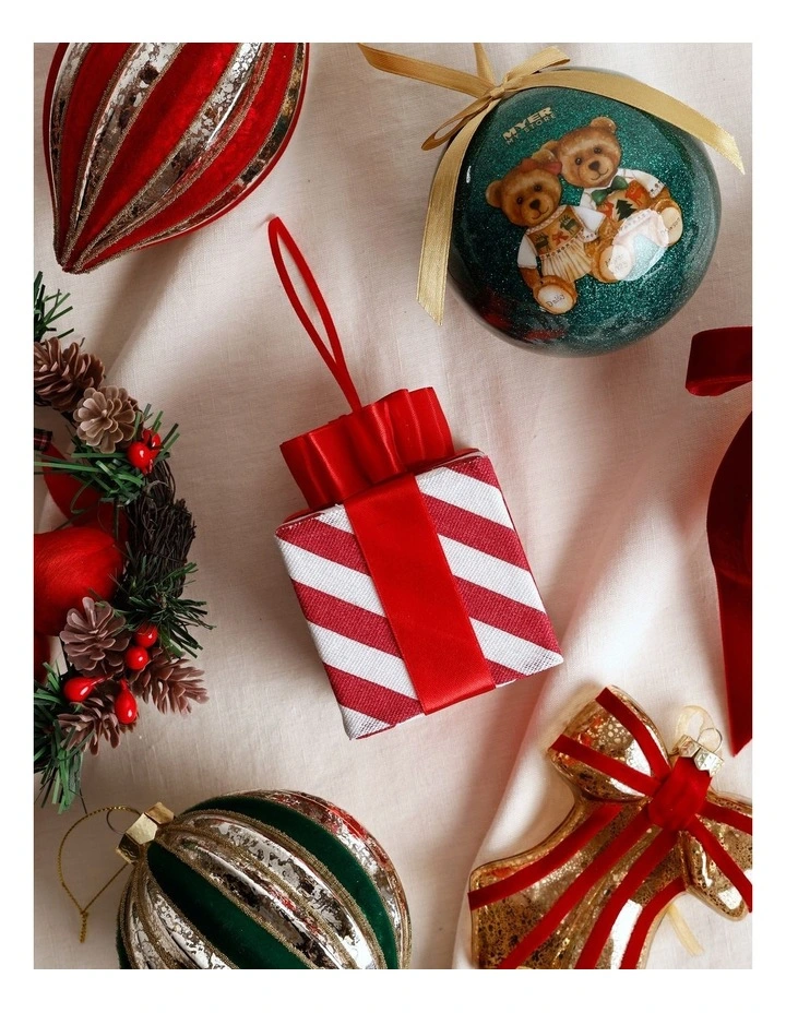 Heirloom Christmas Fabric Striped Gift Box with Bow Ornament 9cm in Red/White image 3