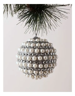 Luxe Christmas Fabric Pearl and Diamante Bauble 8cm in Silver