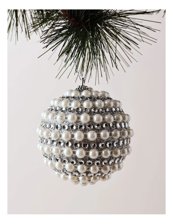 Luxe Christmas Fabric Pearl and Diamante Bauble 8cm in Silver image 1