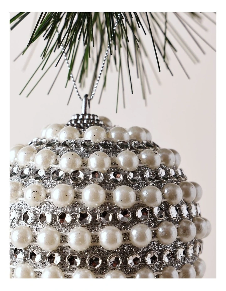 Luxe Christmas Fabric Pearl and Diamante Bauble 8cm in Silver image 2