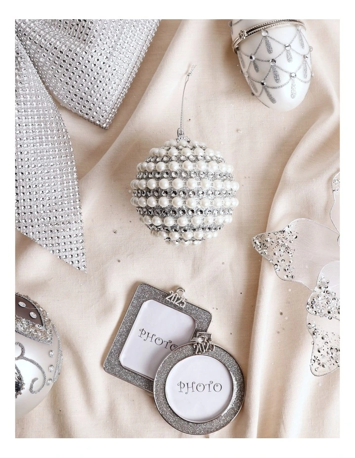 Luxe Christmas Fabric Pearl and Diamante Bauble 8cm in Silver image 3
