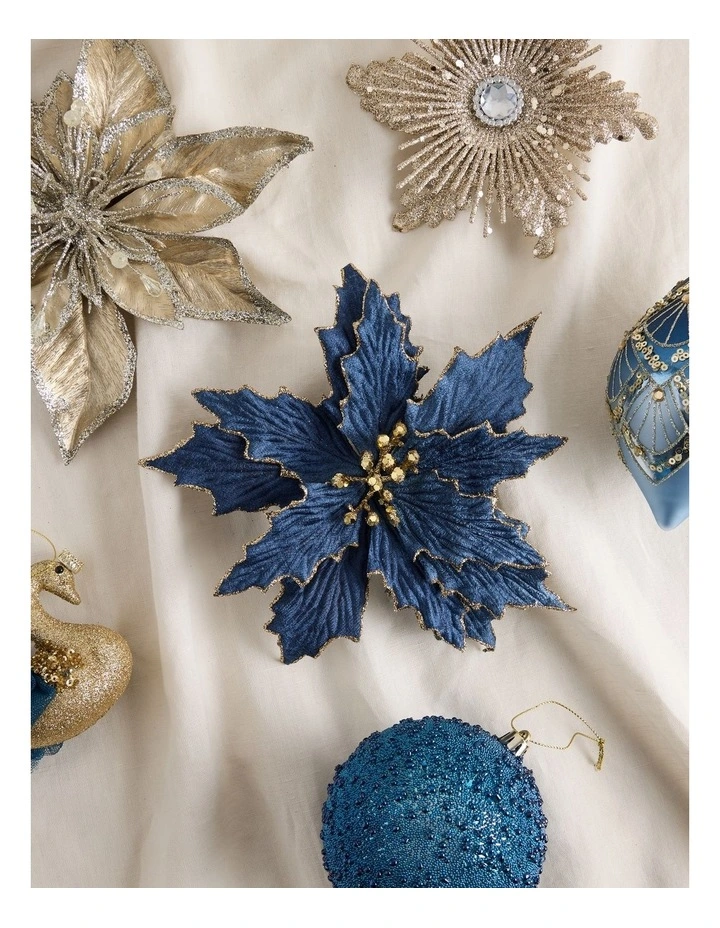 Luxe Christmas Fabric Poinsettia Clip 23cm in Navy image 3