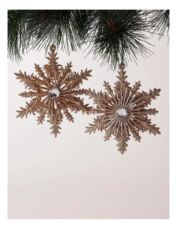 Luxe Christmas Plastic Snowflake with Gem Ornament 2pk 14cm in Champagne image 1