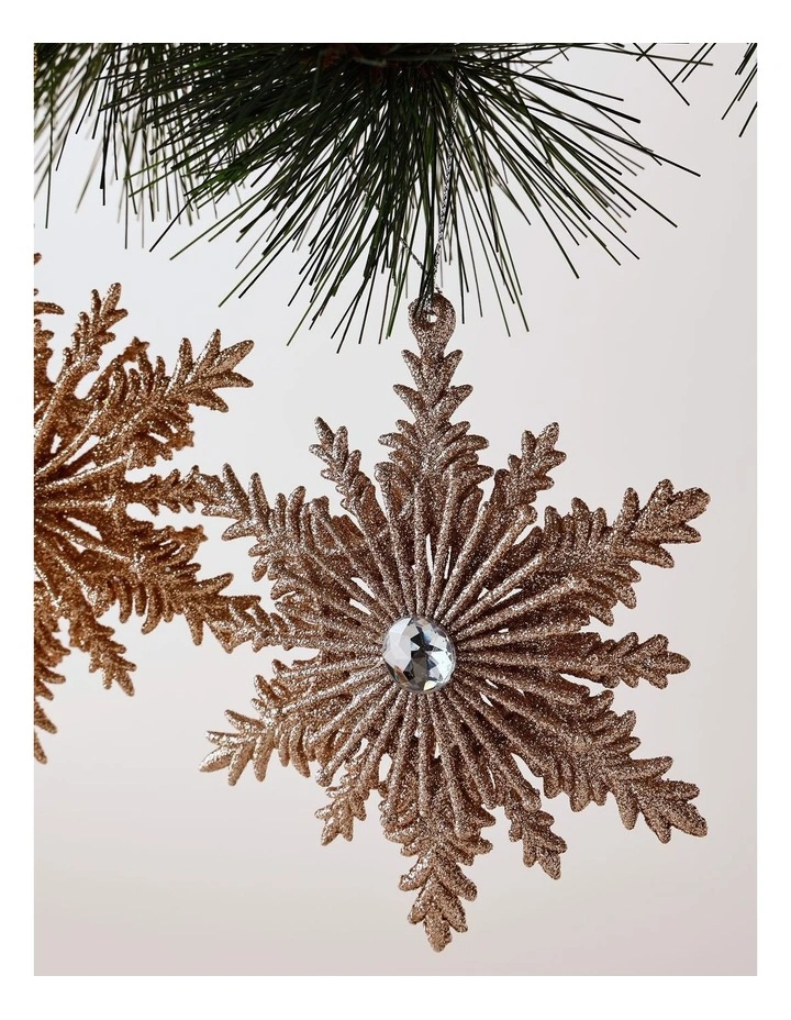 Luxe Christmas Plastic Snowflake with Gem Ornament 2pk 14cm in Champagne image 2