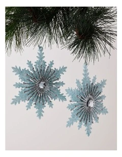 Luxe Christmas Plastic Snowflake with Gem Ornament 2pk 14cm in Pale Blue