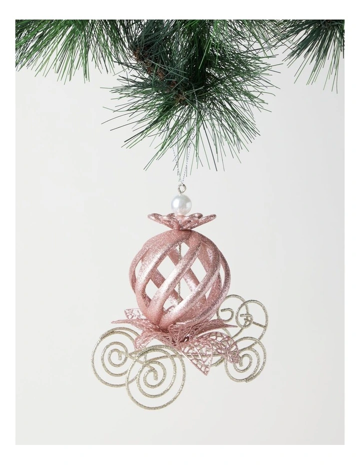 Luxe Christmas Plastic Glittered Carriage Ornament 13cm in Rose Gold image 1