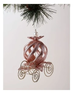 Luxe Christmas Plastic Glittered Carriage Ornament 13cm in Rose Gold
