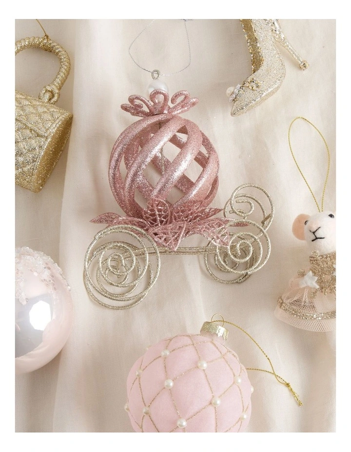 Luxe Christmas Plastic Glittered Carriage Ornament 13cm in Rose Gold image 3