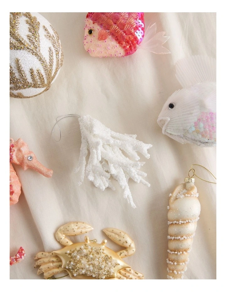 Eucalyptus Christmas Plastic Glitter Coral Ornament 18cm in White image 3