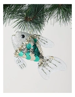 Eucalyptus Christmas Plastic Sequin Fish Ornament 11cm in Blue