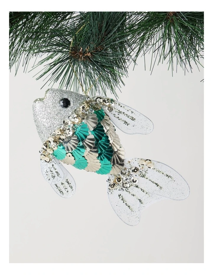 Eucalyptus Christmas Plastic Sequin Fish Ornament 11cm in Blue image 1