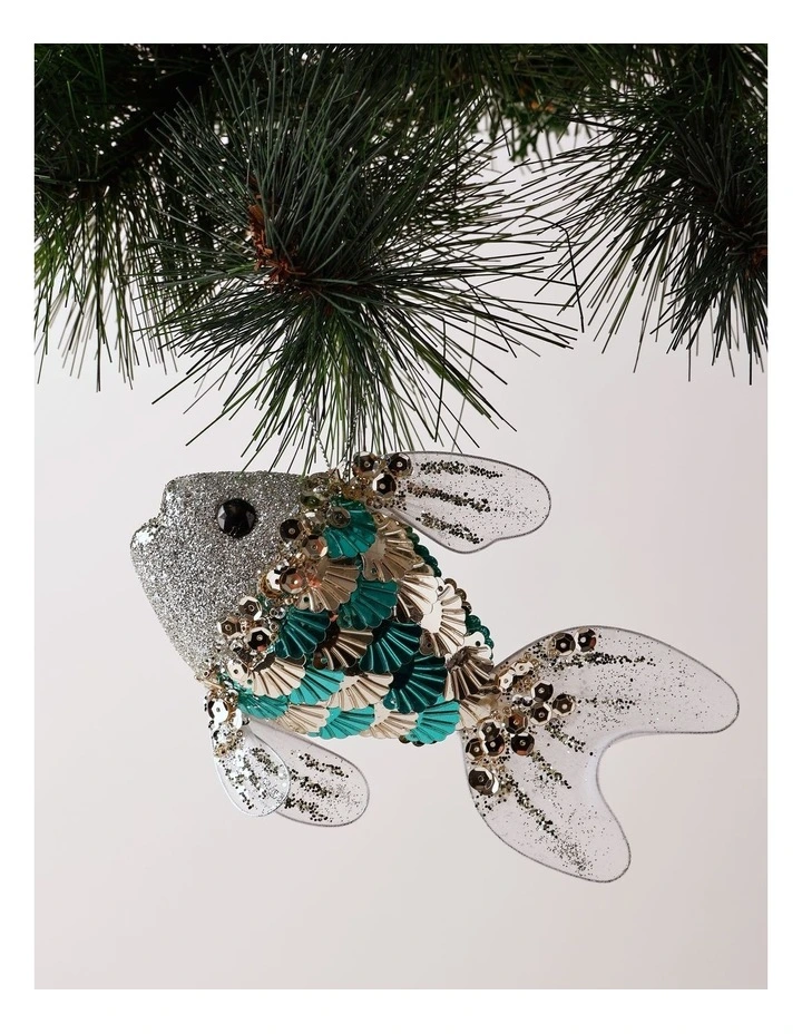 Eucalyptus Christmas Plastic Sequin Fish Ornament 11cm in Blue image 1