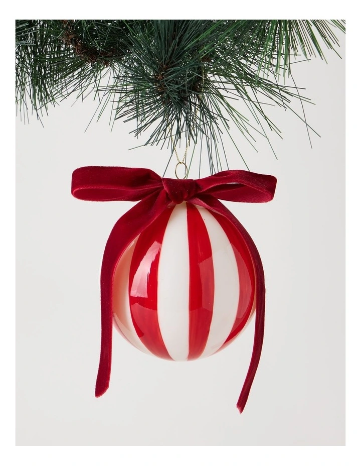 Heirloom Christmas Glass Vintage Stripe Bauble 10cm in Red/White image 1