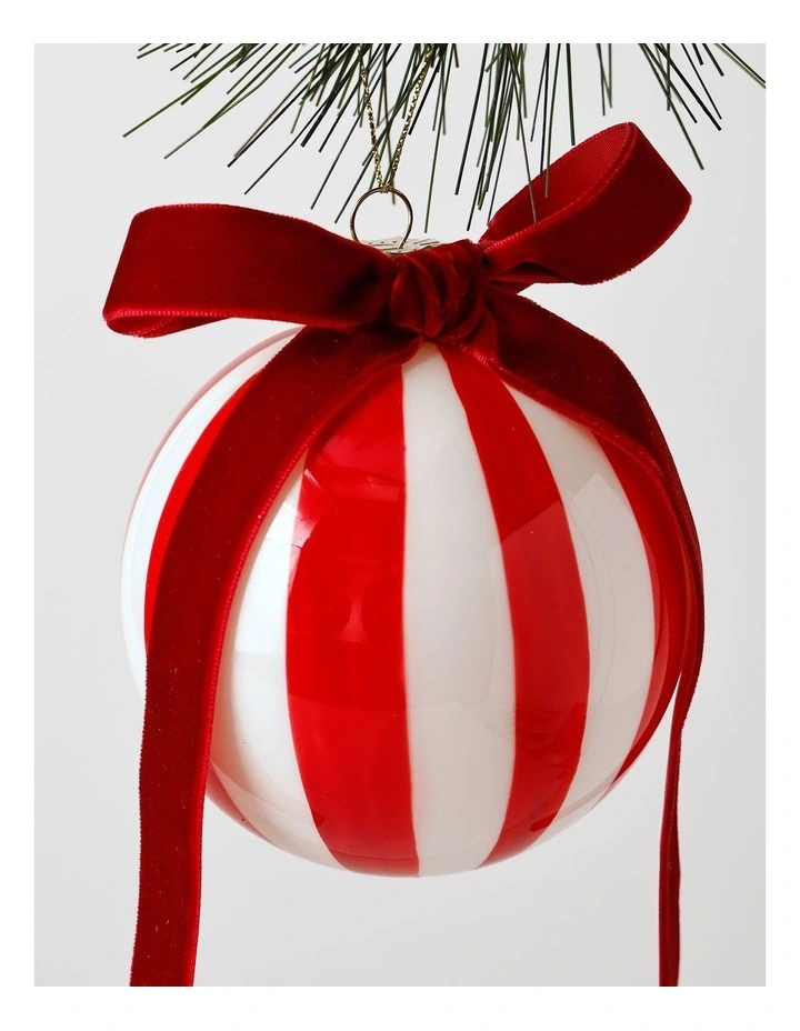 Heirloom Christmas Glass Vintage Stripe Bauble 10cm in Red/White image 2