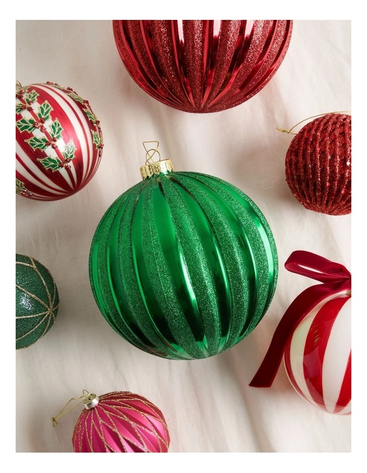 Heirloom Christmas Glitter Stripe Oversized Bauble 15cm in Green image 3