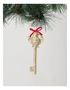 Heirloom Christmas Glittered Gold Santa Key with Red Ribbon Ornament 15cm in Gold