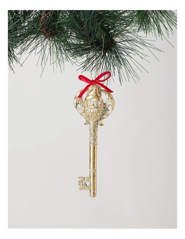 Heirloom Christmas Glittered Gold Santa Key with Red Ribbon Ornament 15cm in Gold image 1