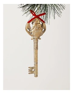 Heirloom Christmas Glittered Gold Santa Key with Red Ribbon Ornament 15cm in Gold