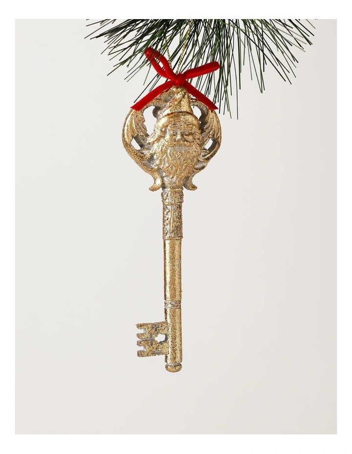 Heirloom Christmas Glittered Gold Santa Key with Red Ribbon Ornament 15cm in Gold image 1