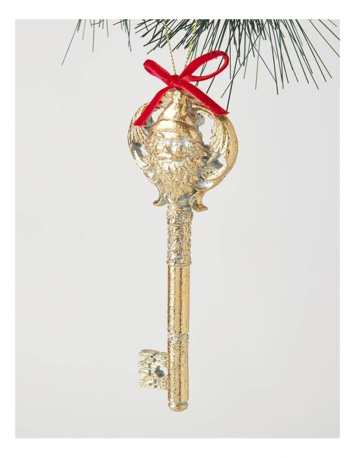 Heirloom Christmas Glittered Gold Santa Key with Red Ribbon Ornament 15cm in Gold image 2