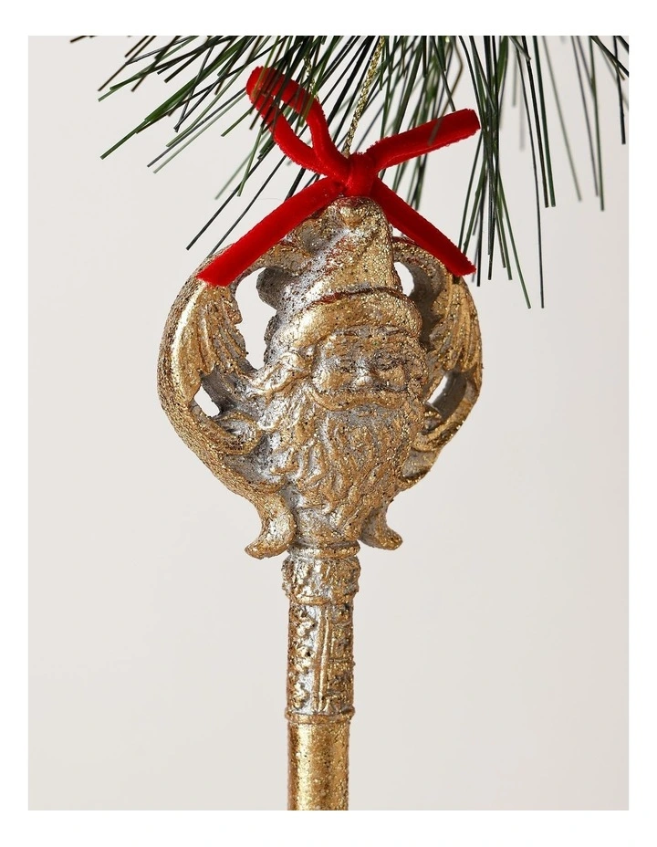 Heirloom Christmas Glittered Gold Santa Key with Red Ribbon Ornament 15cm in Gold image 2