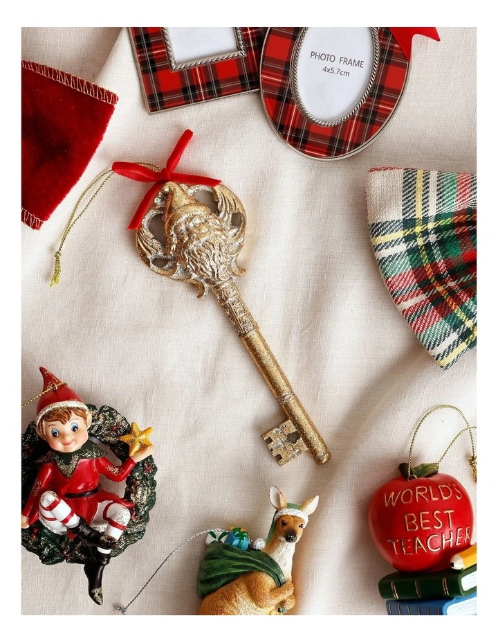 Heirloom Christmas Glittered Gold Santa Key with Red Ribbon Ornament 15cm in Gold image 3