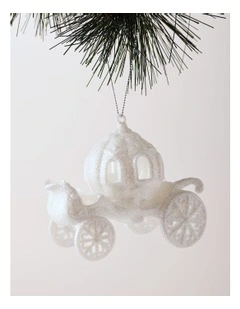 Luxe Christmas Plastic Glittered Carriage Ornament 9cm in White