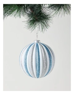Luxe Christmas Glitter Stripe Oversized Bauble in Silver and Blue: 15cm