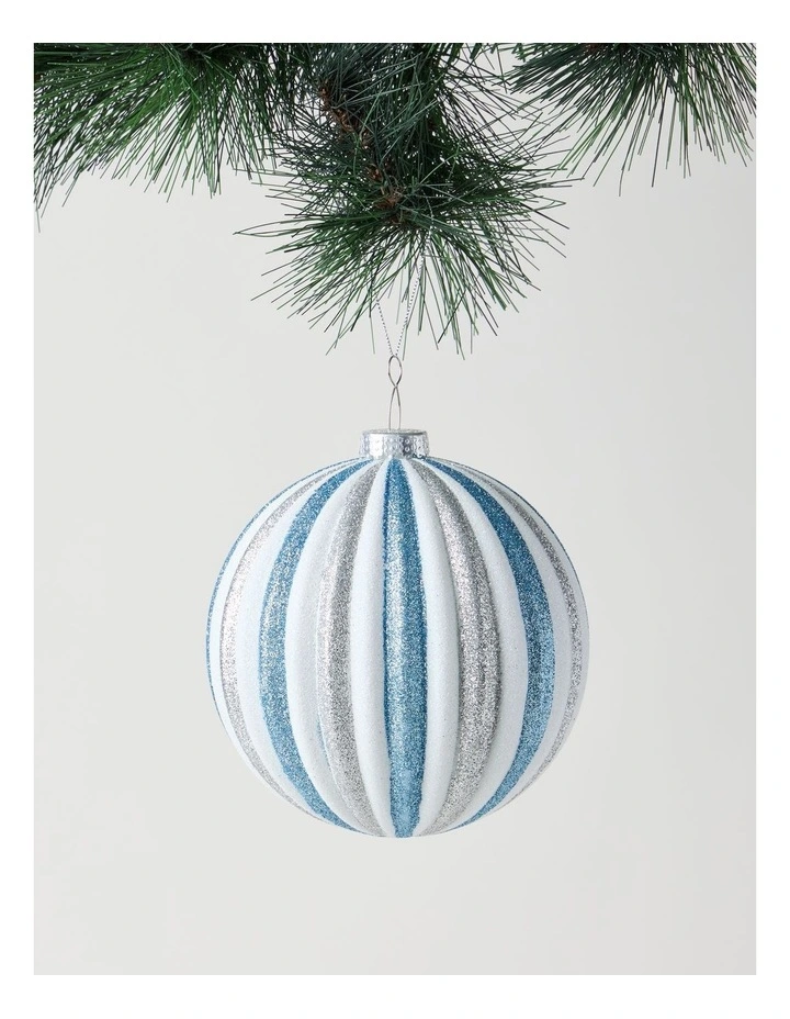 Luxe Christmas Glitter Stripe Oversized Bauble in Silver and Blue: 15cm image 1