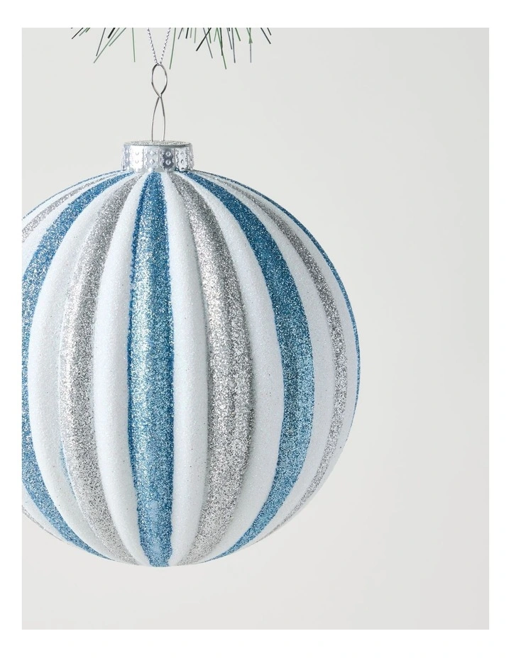 Luxe Christmas Glitter Stripe Oversized Bauble in Silver and Blue: 15cm image 3