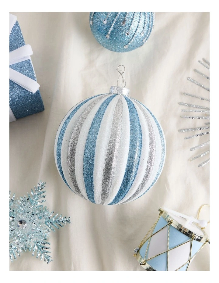 Luxe Christmas Glitter Stripe Oversized Bauble in Silver and Blue: 15cm image 4