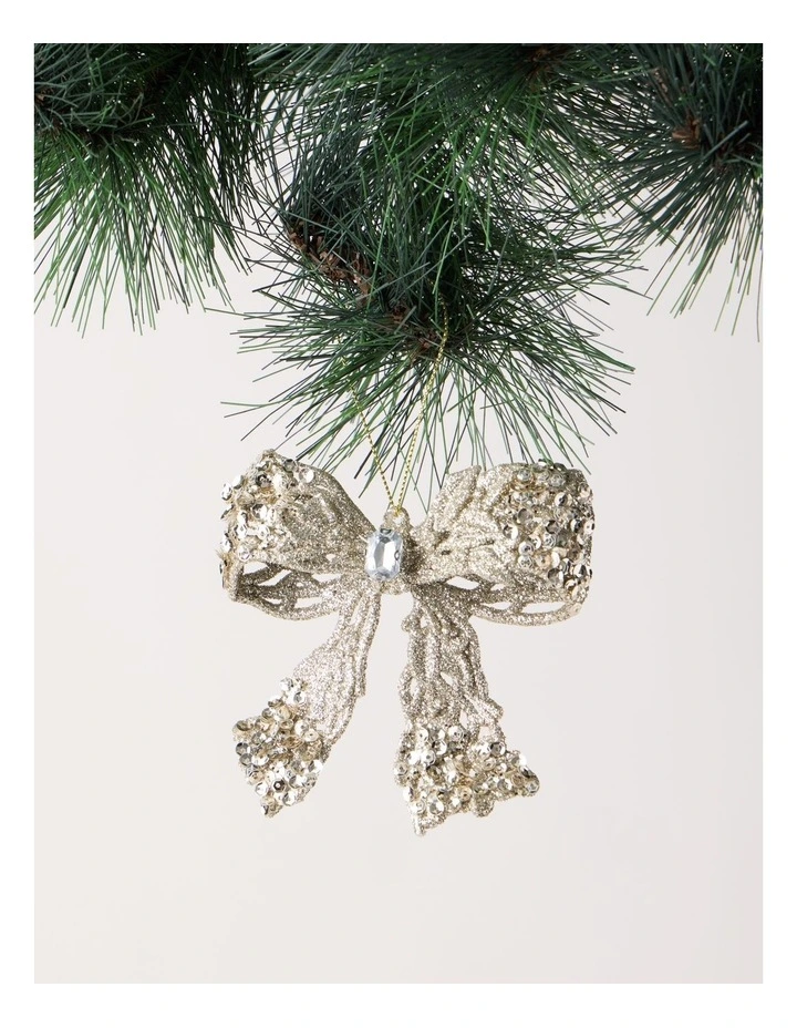 Luxe Christmas Plastic Bow with Gem Ornament in Champagne: 10cm image 1