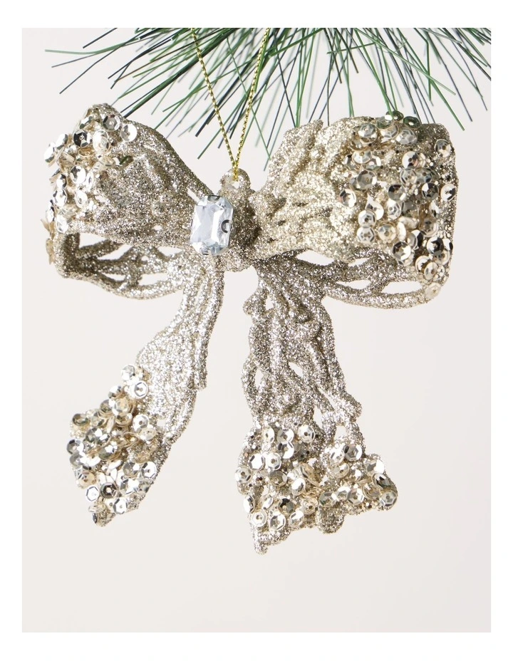 Luxe Christmas Plastic Bow with Gem Ornament in Champagne: 10cm image 2