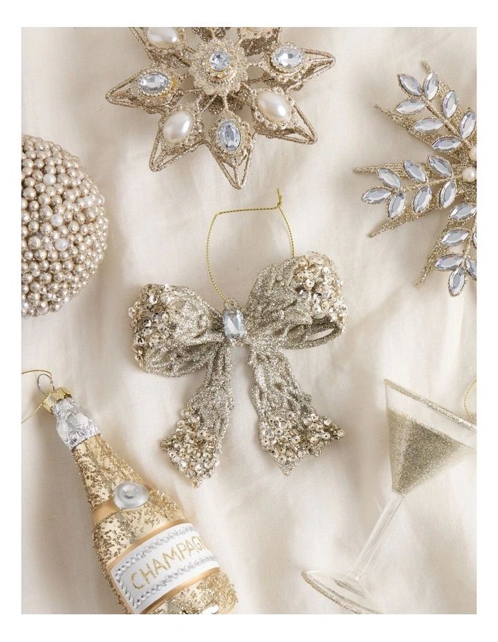 Luxe Christmas Plastic Bow with Gem Ornament in Champagne: 10cm image 3