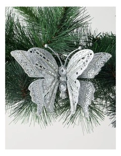Luxe Christmas Glittered Butterfly Clip with Gems in Silver: 12cm