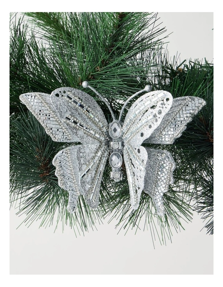 Luxe Christmas Glittered Butterfly Clip with Gems in Silver: 12cm image 1