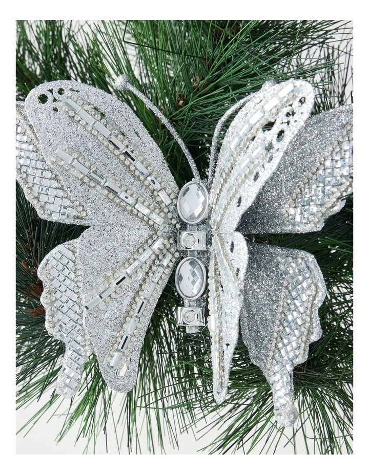Luxe Christmas Glittered Butterfly Clip with Gems in Silver: 12cm image 2